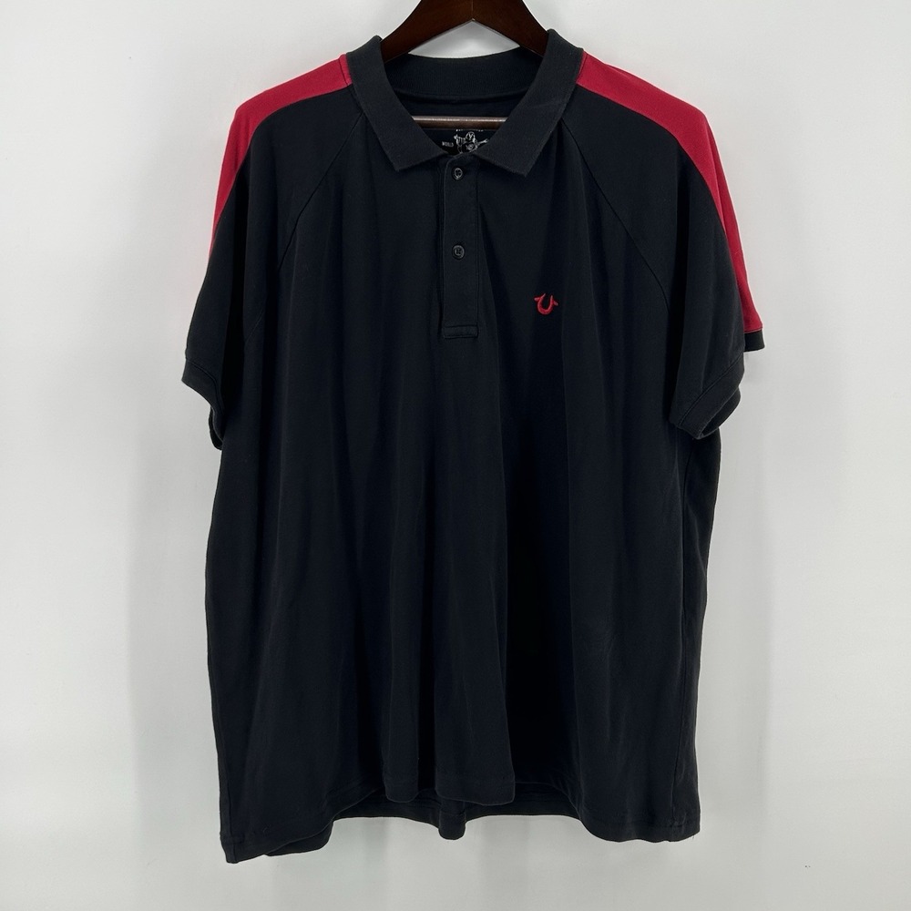 True Religion Polo Shirt Mens 3XL Black Red Pique Raglan Horseshoe Logo Hip Hop